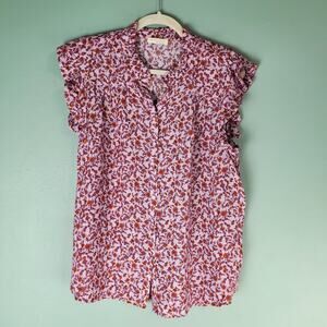 Lovestitch Womens Multicolor Floral Button Up Flutter Sleeve Blouse Size Large